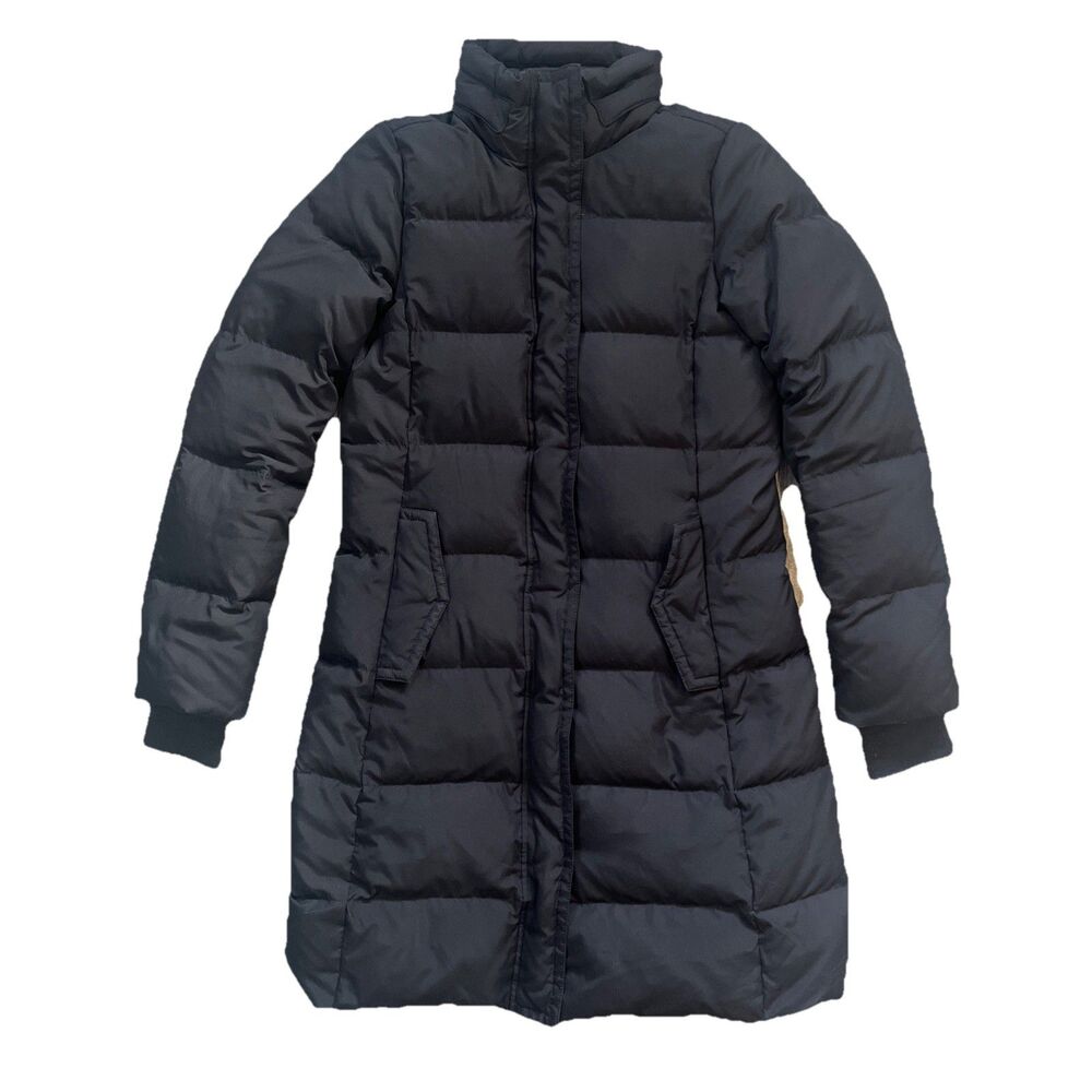 J CREW Womens XS Black Down Full Zip Snap Hood Long Puffer Coat NO Belt Midi